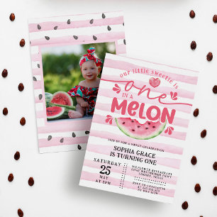 Cute Watermelon Pink Girl 1st Birthday Party Photo Invitation