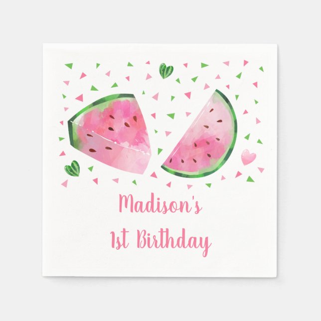 Cute Watermelon Pink & Green Birthday Napkins (Front)