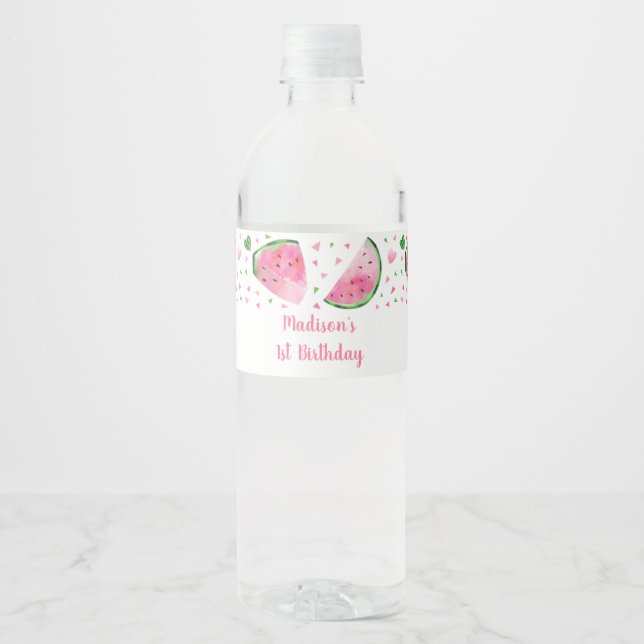 Cute Watermelon Pink & Green Birthday Water Bottle Label (Front)