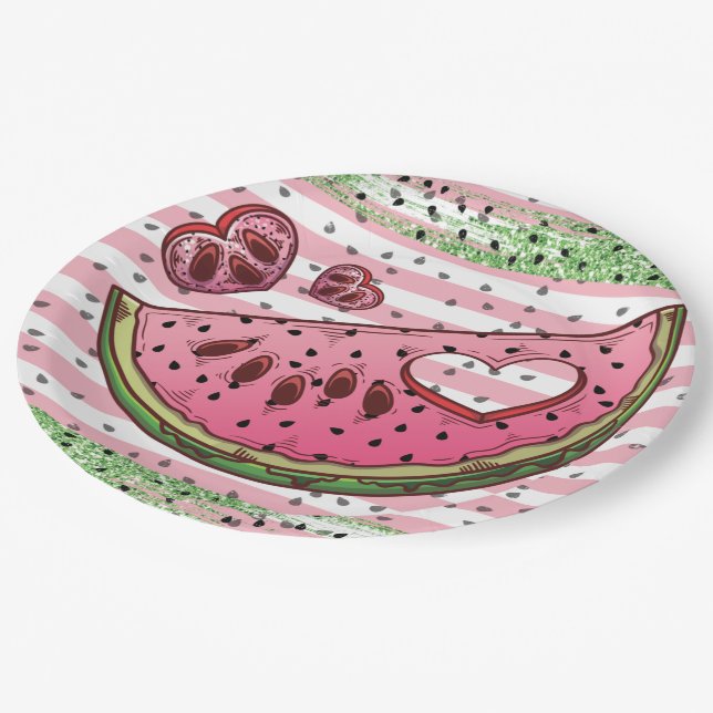 Cute Watermelon Pink Green Glitter Birthday Napkin Paper Plates (Angled)