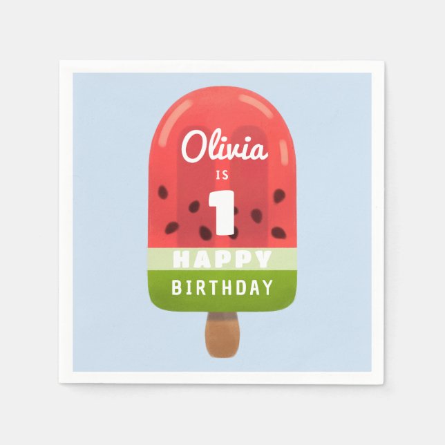 Cute Watermelon Popsicle 1st Birthday Napkins (Front)