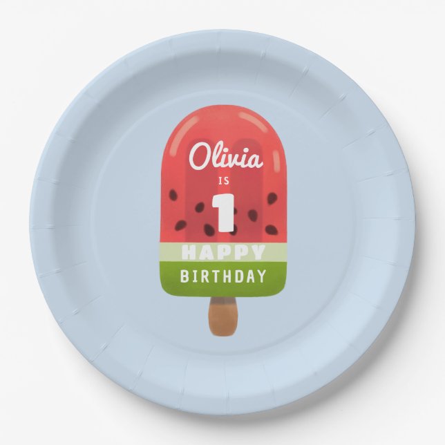 Cute Watermelon Popsicle 1st Birthday  Paper Plates (Front)