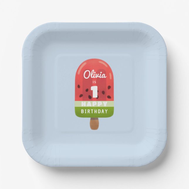 Cute Watermelon Popsicle 1st Birthday  Paper Plates (Front)