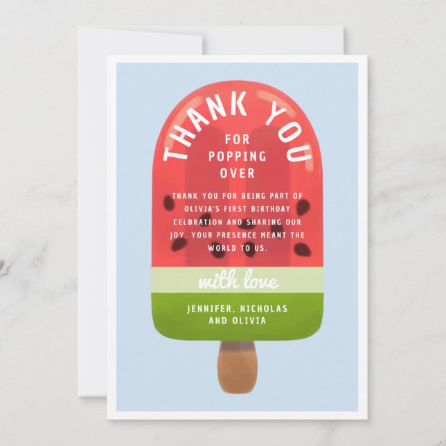 Cute Watermelon Popsicle First Birthday Thank You Card (Front)