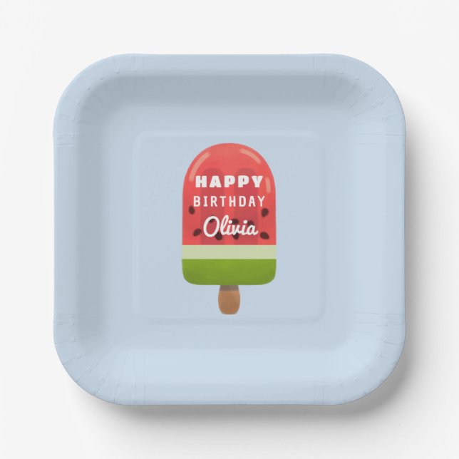Cute Watermelon Popsicle Happy Birthday  Paper Plates (Front)