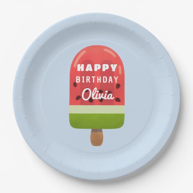 Cute Watermelon Popsicle Happy Birthday  Paper Plates (Front)