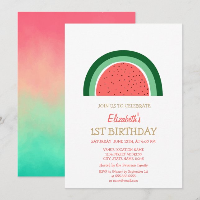 Cute Watermelon Rainbow Birthday   Invitation (Front/Back)