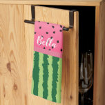 Cute Watermelon Rind and Seeds Personalized   Kitchen Towel<br><div class="desc">Cute watermelon kitchen towel has green striped rind on the bottom and pink with black seeds at the top. A pink grossgrain ribbon separates the two patterns.  Personalize with your name for a towel that's uniquely yours!</div>