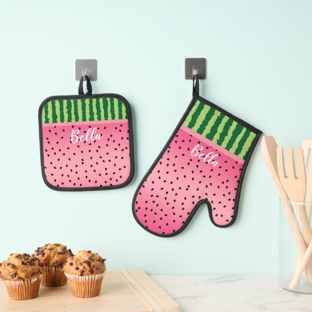 Cute Watermelon Rind and Seeds Personalized Oven Mitt & Pot Holder Set (Insitu(Hanging))