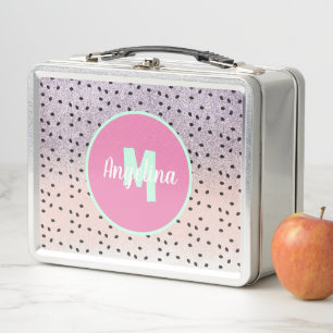 Cute Watermelon Seeds Monogrammed Faux Glitter Metal Lunch Box