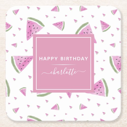 Cute Watermelon Summer Birthday Fresh Pink Name  Square Paper Coaster