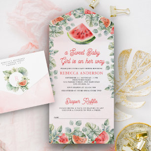 Cute Watermelon Sweet Baby Girl Baby Shower All In One Invitation