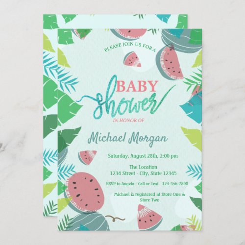 Cute Watermelon Tropical Leaves  Baby Shower Invitation