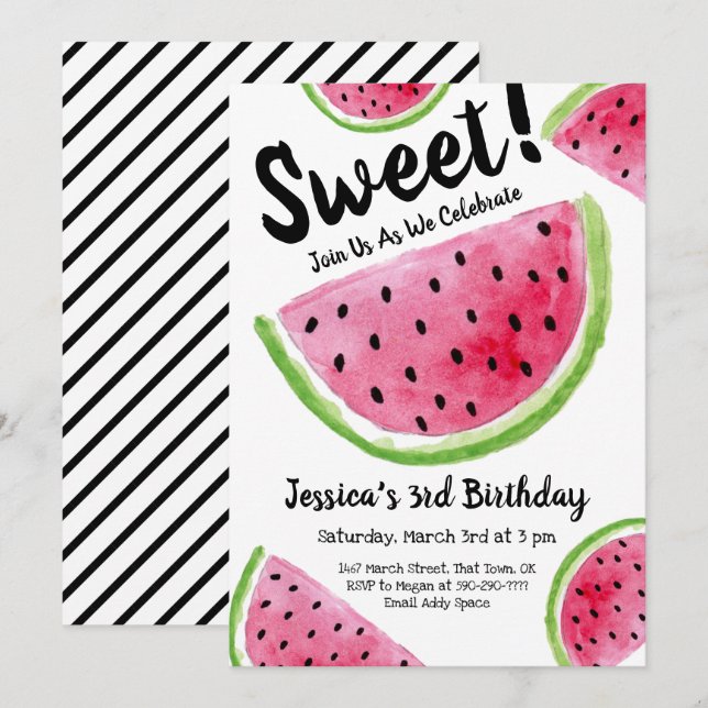 Cute Watermelon Watercolor Illustration Invitation (Front/Back)