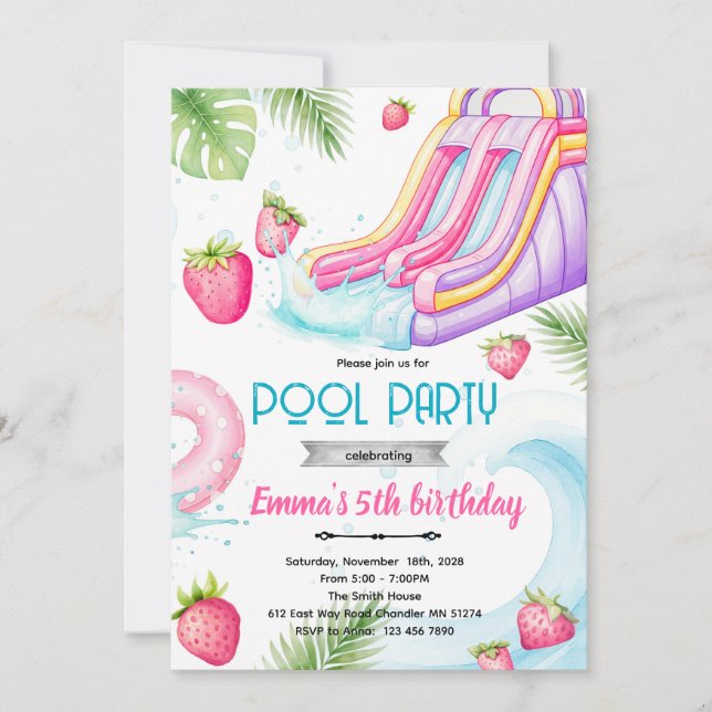 Cute waterslide strawberry pool invite (Front)