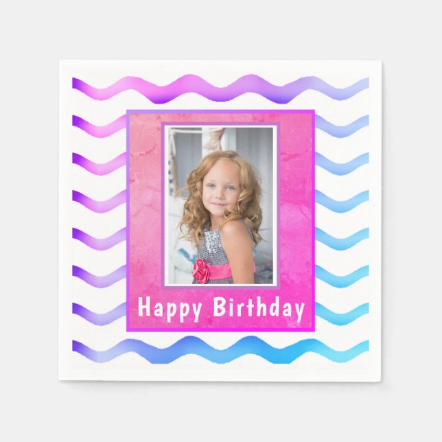 Cute Waves Pink Blue Birthday Photo Napkins (Front)