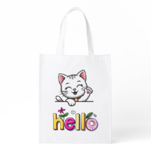 Cute Waving Cat Hello Colorful Retro grocery Bag