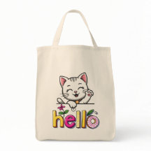 Cute Waving Cat Hello Colorful Retro Tote Bag