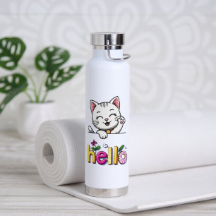 Cute Waving Cat Hello Colorful Retro Water Bottle