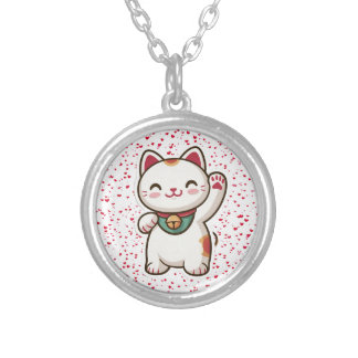 Cute Waving Japanese Lucky Cat Silver Plated Necklace