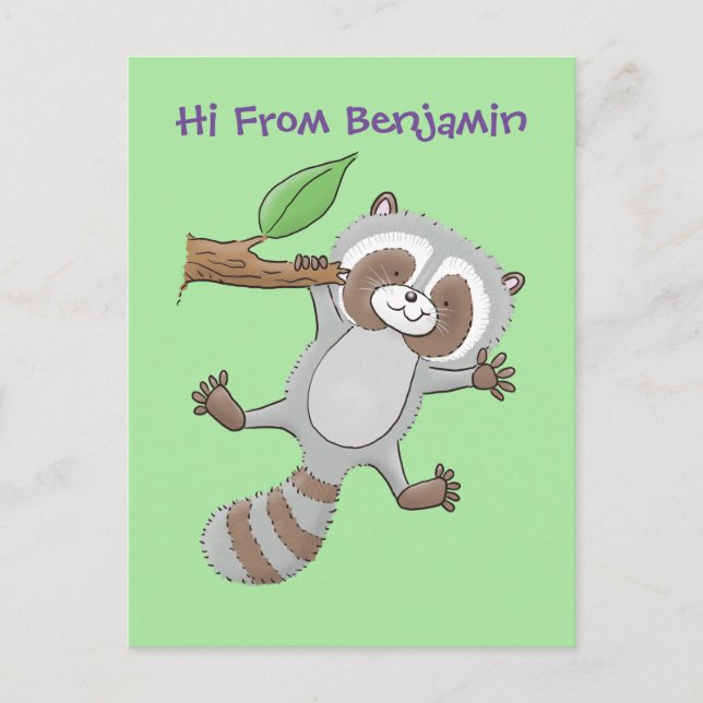 Cute waving raccoon cartoon illustration postcard (Front)