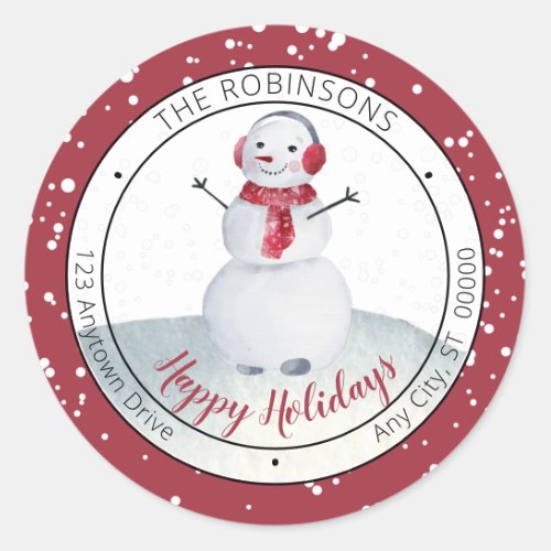 Cute Waving Snowman Happy Holidays Family Classic Round Sticker