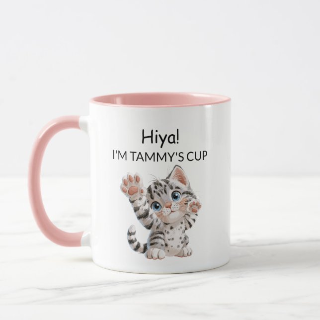 Cute Waving Tabby Kitten Cat Mug | Personalized (Left)
