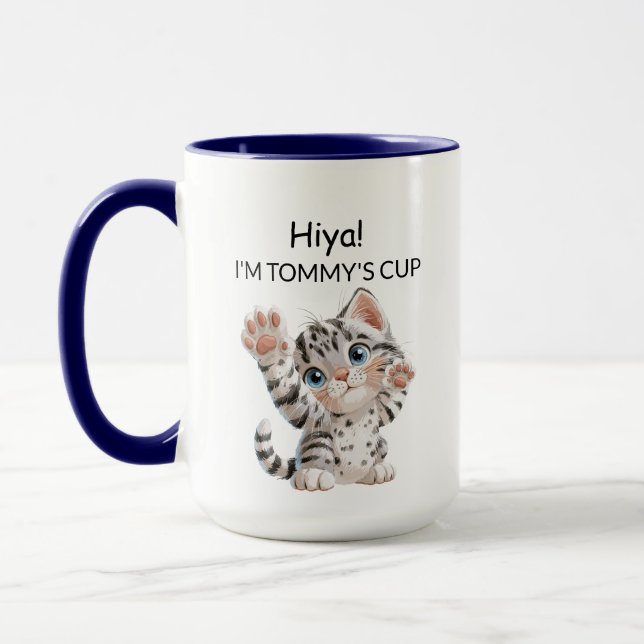 Cute Waving Tabby Kitten Cat Mug | Personalized (Left)