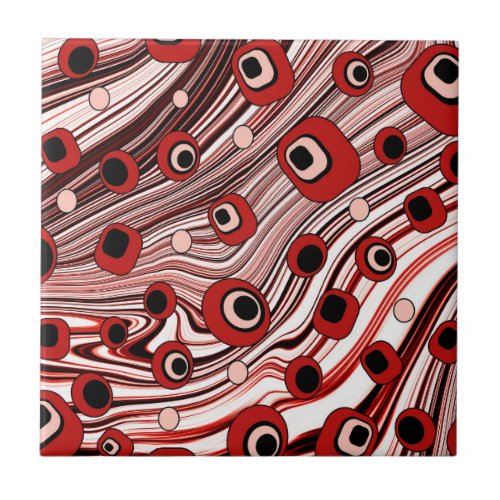 Cute Wavy Retro Groovy Art with Black and Red  Ceramic Tile