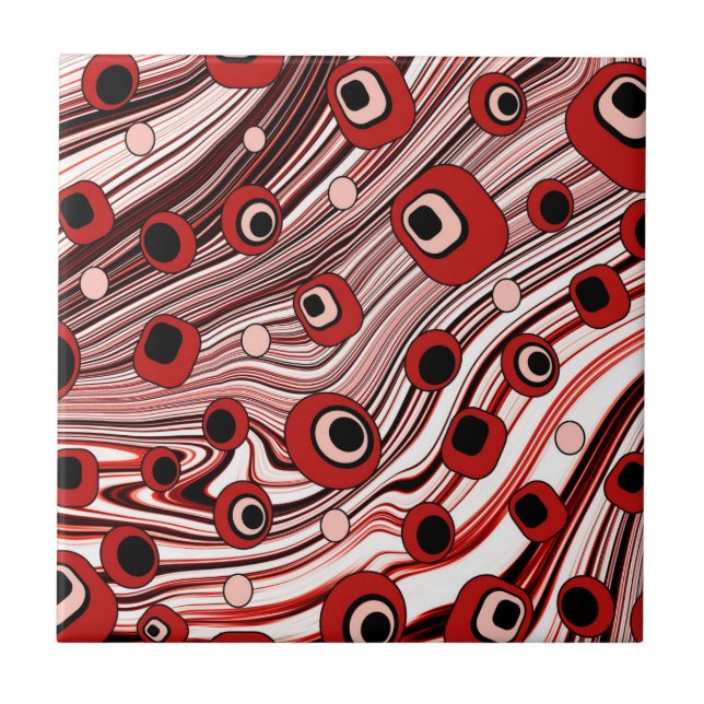 Cute Wavy Retro Groovy Art with Black and Red  Ceramic Tile (Front)