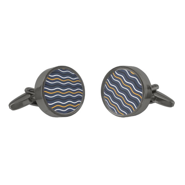 Cute Wavy Striped Yellow White Blue Cufflinks (Angled)