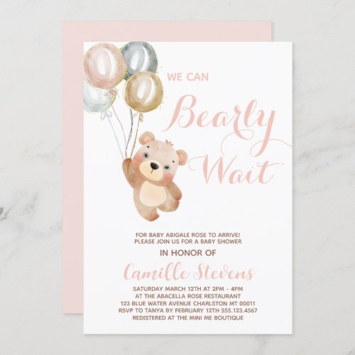 Cute We Can Bearly Wait Bear Baby Shower Girl Invitation