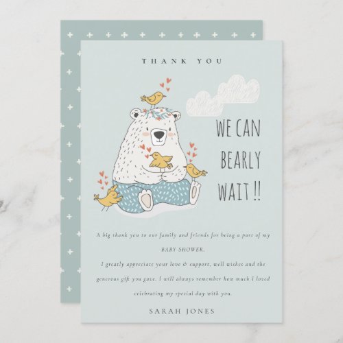 Cute We Can Bearly Wait Bear Birds Baby Shower Thank You Card