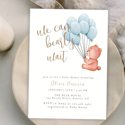 Cute We Can Bearly Wait Blue Balloon Baby Shower Invitation