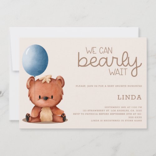 Cute We Can Bearly Wait Boy Baby Shower Invitation