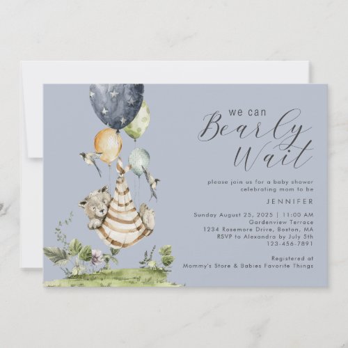 Cute We Can Bearly Wait Boy Blue Baby Shower Invitation