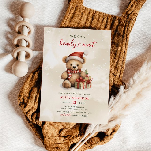 Cute We Can Bearly Wait Christmas Baby Shower Invitation (Creator Uploaded)