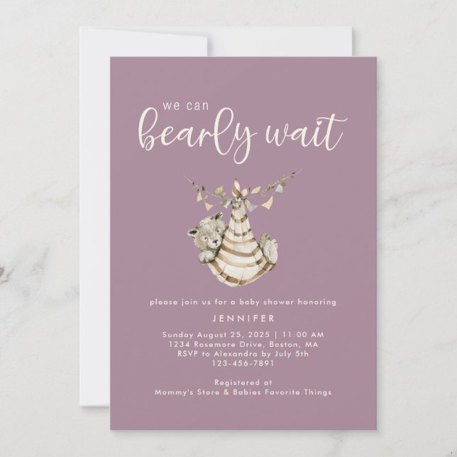 Cute We Can Bearly Wait Dusty Purple Baby Shower Invitation (Front)