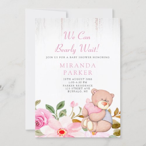 Cute We Can Bearly Wait Girl Baby Shower Invitation