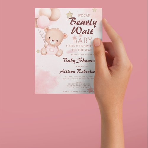 Cute We Can Bearly Wait Pink Girl Baby Shower  Invitation