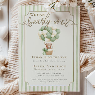 Cute We can Bearly Wait Teddy Bear Sage green Baby Invitation