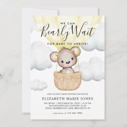 Cute We Can Bearly Wait Yellow Balloon Baby Shower Invitation