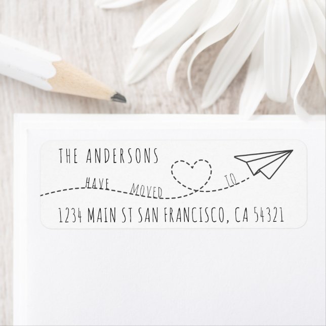 Cute We Have Moved Modern Heart Paper Plane Label (Insitu)