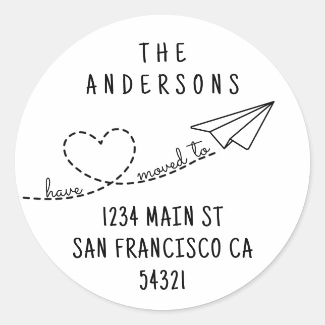 Cute We Have Moved Modern Heart Paper Plane Script Classic Round Sticker (Front)
