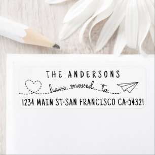 Cute We Have Moved Modern Heart Paper Plane Script Label