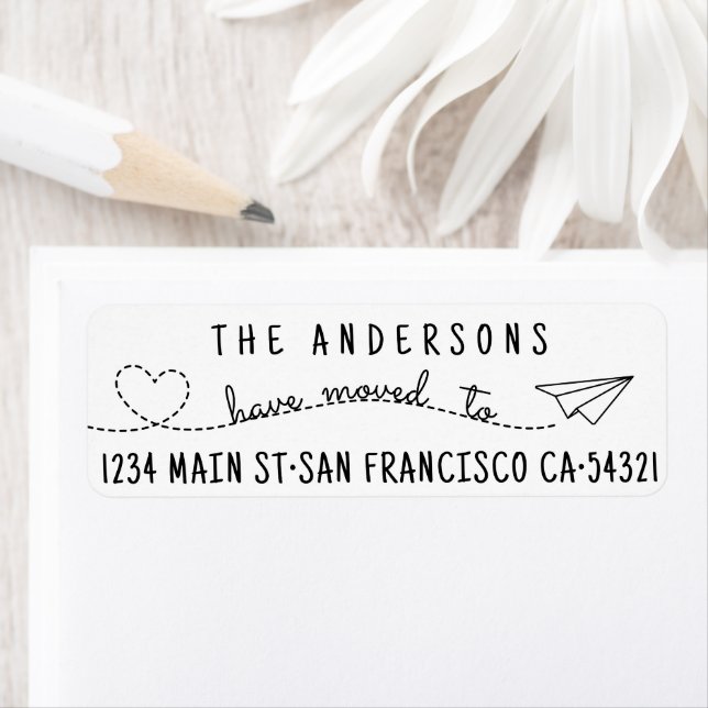 Cute We Have Moved Modern Heart Paper Plane Script Label (Insitu)