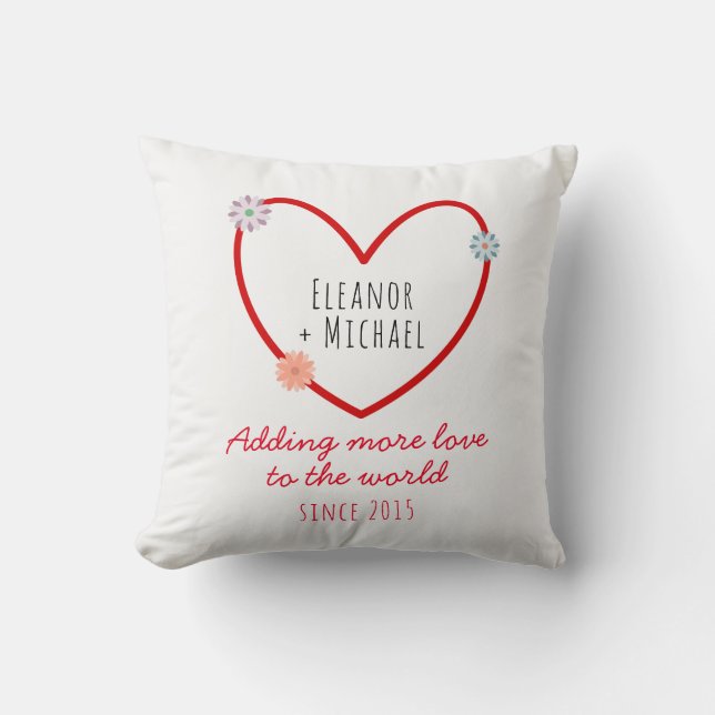 Cute Wedding Anniversary and Names Love Heart Throw Pillow (Front)