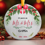 Cute wedding Anniversary Christmas Ceramic Ornament<br><div class="desc">Cute wedding Anniversary Christmas Ceramic Ornament. A beautiful stylish inexpensive gift for couples. It’s an elegant wedding anniversary keepsake that can be personalized with your special anniversary information.</div>
