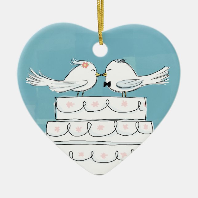Cute Wedding Bride and Groom White Birds Keepsake Ceramic Ornament (Front)