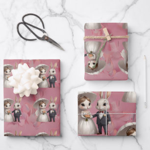 Cute Wedding Bunny Couple Holding Hands Wrapping Paper Sheets